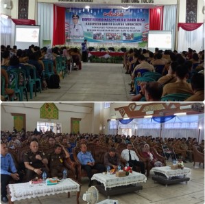 Narasunber dari Inspektorat Barsel saat memberikan paparan pada seluruh peserta (foto atas) dan pihak Kepala Kejari Barsel didampingi Kepala DSPMD, Selviriyatmi (kiri) saat mendengerkan paparan pada Rakor dan penandatangan MoU dengan Pemdes se Kabupaten Barsel, di Buntok, Kamis (18/7/2024). Foto. Alifansyah/1tulah.com