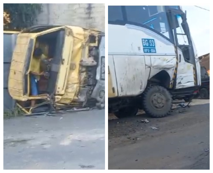 Kondisi BUS dan Truck usai tabrakan di jalna negara Km 7, Kelurahan Jingah, Sabtu (27/7/2024).Foto.Didi