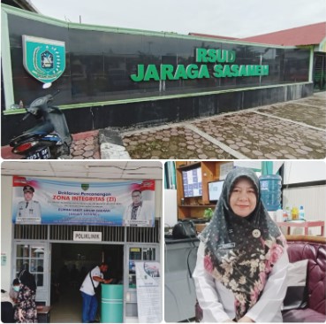 Pintu masuk menuju poliklinik (foto bahawa kiri) dan Nurmila, Kanit Humas RSUD Jarse Buntok (foto bawah kanan) saat diwawancarai diruang kerjanya, Kamis (4/7/2024). Foto. Alifansyah/1tulah.com