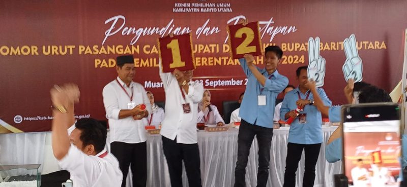 KPU Kabupaten Barito Utara (Barut), Kalteng, menggelar rapat pleno pengundian dan penetapan nomor urut pasangan calon (paslon) bupati dan wakil bupati Barut, Senin (23/9/2024). Foto: 1tulah.com