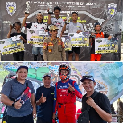 Rayhan Benlaw 555 (tengah kanan) saat menerima penghargaan dan piala juara III pada ajang Grasstrack Pj. Bupati Barsel 2024 (foto atas), yang berlangsung di Sirkuit Danau Biru, Buntok, Minggu (01/9/2024). Foto. Alifansyah/1tulah.com