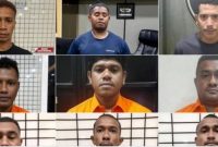 Sembilan tersangka kasus pembubaran dan perusakan di acara diskusi FTA di Hotel Grand Kemang. (Antara)