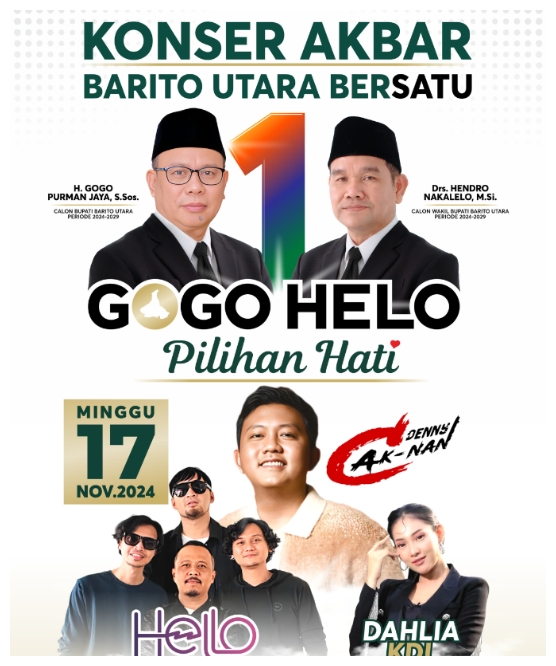 DenyCaknan dan Hello Band, serta Dahlia KDI akan menghibur warga Kota Muara Teweh, pada 17 November 2024 di acara konser akbar Gogo-Helo  Foto.Randy /1tulah.com