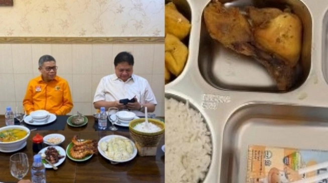 Kolase menu makan siang Airlangga Hartanto dan menu Makan Bergizi Gratis. (sumber: suara.com)