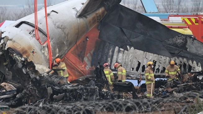 Bagian ekor pesawat Boeing 737-800 Jeju Air yang jatuh dan terbakar (sumber: suara.com)