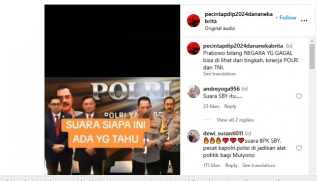 Video viral berisi suara mirip SBY berkomentar pedas ke Kapolri. (tangkapan layar/Instagram)