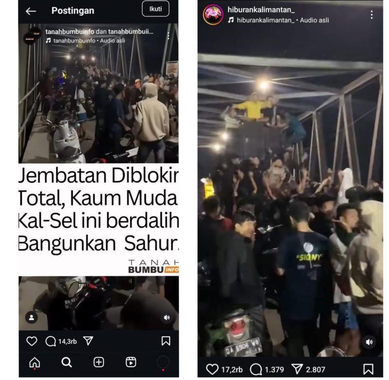 Tangkapan layar - Sebuah video lama yang kini viral di Instagram @tanahbumbuinfo menunjukkan remaja melakukan aksi pesta dugem di Jembatan Alabio, Kabupaten Hulu Sungai Utara (HSU), Provinsi Kalsel. Foto: Istimewa