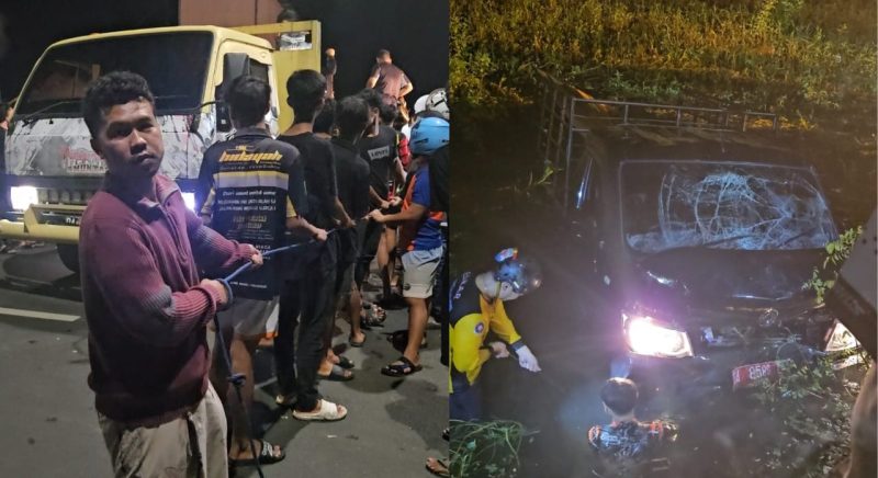 Sejumlah relawan hingga masyarakat sekitar, saat melakukan evakuasi pasca-insiden kecelakaan mobil ber plat merah milik desa di kawasan By Pass Bayur-Panangkalaan, Amuntai, HSU, Kalsel. Foto: Istimewa