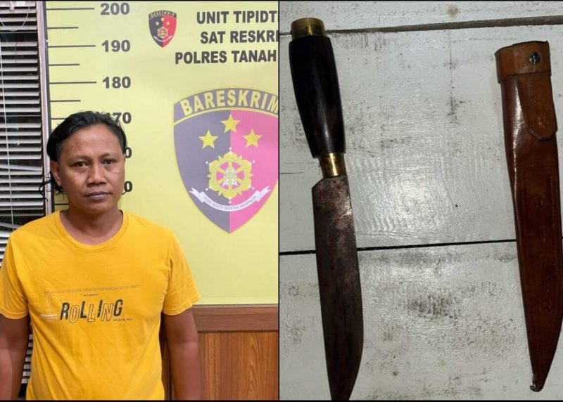 Terduga pelaku S menyerahkan diri ke Polsek Batu Ampar usai menikam EM (33), di acara organ tunggal hajatan Desa Tajau Pecah, Kecamatan Batu Ampar. Foto: Humas Polres Tala