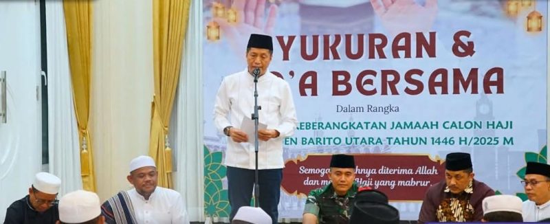 Pj Bupati Barito Utara (Barut), Muhlis, secara resmi melepas keberangkatan jemaah calon haji (CJH) Barut 2025 dalam acara syukuran dan doa bersama yang berlangsung khidmat di rumah jabatan bupati setempat, 9 Mei 2025. Foto: Diskominfosandi Barut