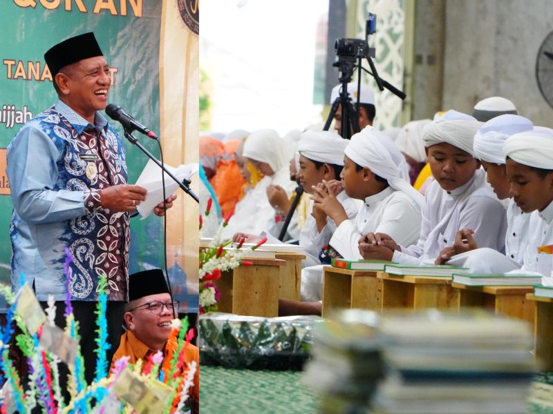 Sebanyak ratusan siswa kelas enam dari Madrasah Ibtidaiyah Negeri (MIN) 2 dan MIN 3 Tanah Laut (Tala) sukses menyelenggarakan khataman Alquran massal di Masjid Agung Syuhada, Pelaihari, Kamis, 12 Juni 2025. Foto: MC Tala