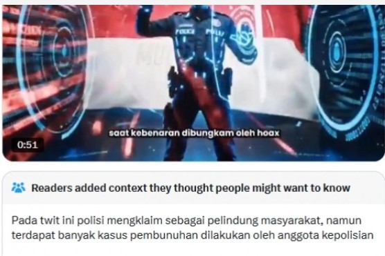 Video Divisi Humas Polri dapat catatan komunitas X. Tak hanya itu, Grok atau AI milik Elon Musk juga memberikan kritik terhadap video tersebut. [Suara.com/X]