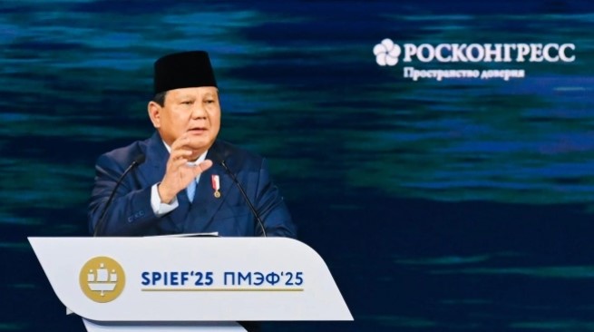 Presiden Prabowo Subianto berpidato pada acara Forum Ekonomi Internasional St. Petersburg (SPIEF) 2025 di Rusia. [Foto: Biro Pers Sekretariat Presiden]
