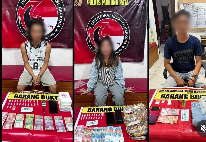 Tiga tersangka pengedar narkoba jenis sabu diringkus Satresnarkoba Polres Murung Raya, 1 di antaranya wanita dan sejumlah barang bukti. Foto: Satresnarkoba Polres Mura