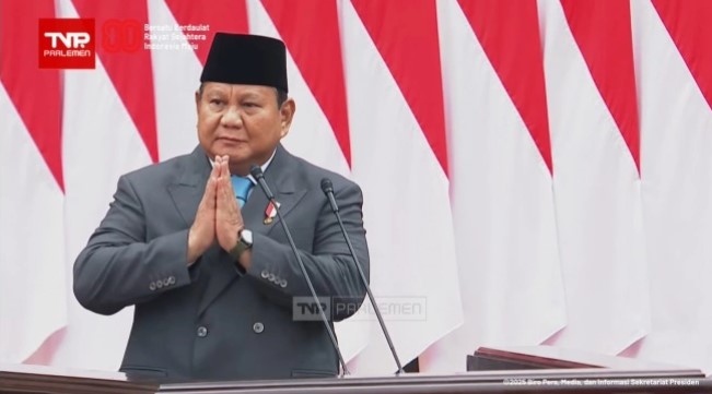 Presiden Prabowo Subianto saat menyampaikan pidato dalam Sidang Tahunan Majelis Permusyawaratan Rakyat (MPR) menjelang Perayaan HUT ke-80 Kemerdekaan RI di Kompleks Gedung Parlemen Senayan, Jakarta. [Tangkapan layar]