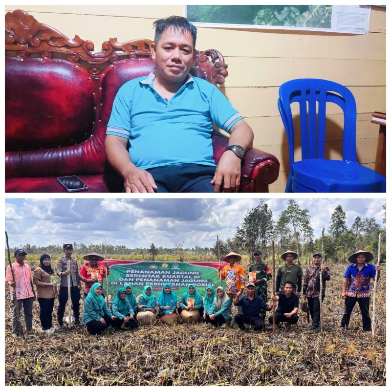 Kades Sababilah, Ardinto (foto atas) dan Camat Karau kuala, Adriansyah didampingi Kades Janggi saat berfoto bersama Babinsa, Bhabinkantipmas, ibu-ibu TP PKK, dan perangkat Desa usai menggarap lahap yang akan disiapkan guna menanam jagung. Jumat (1/8/2025). Foto. Alifansyah/1tulah.com
