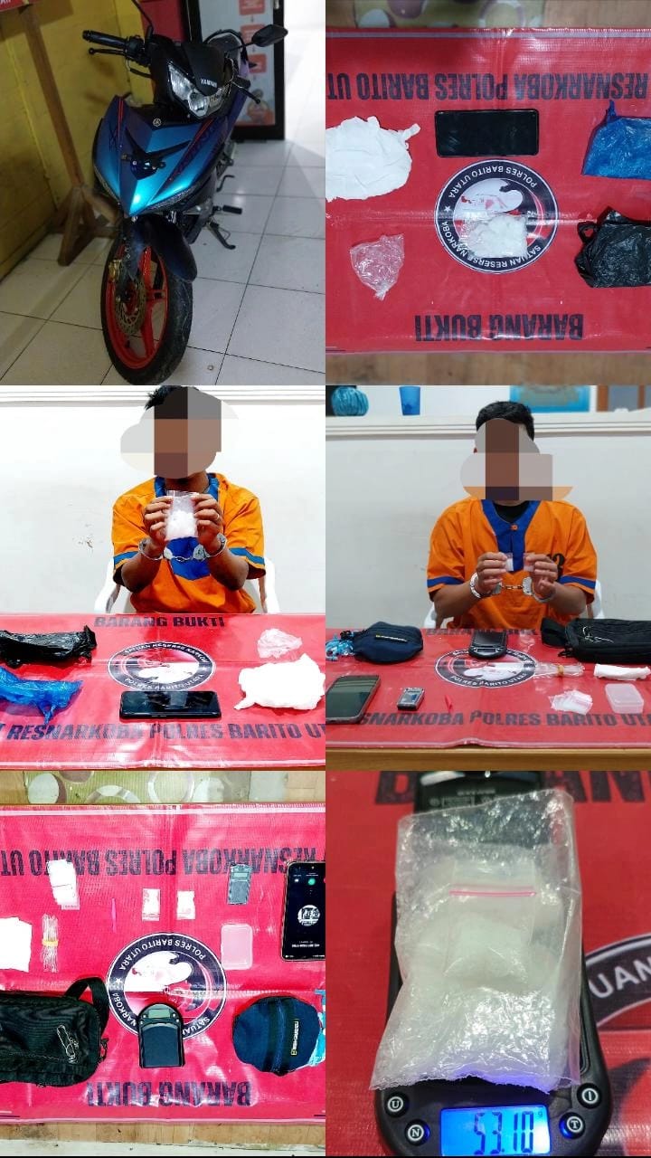Kedua tersangka SF (33) dan ZK (28) dan barang bukti narkoba jenis sabu saat diamankan di Polres Barut. Foto: Humas Polres Barut