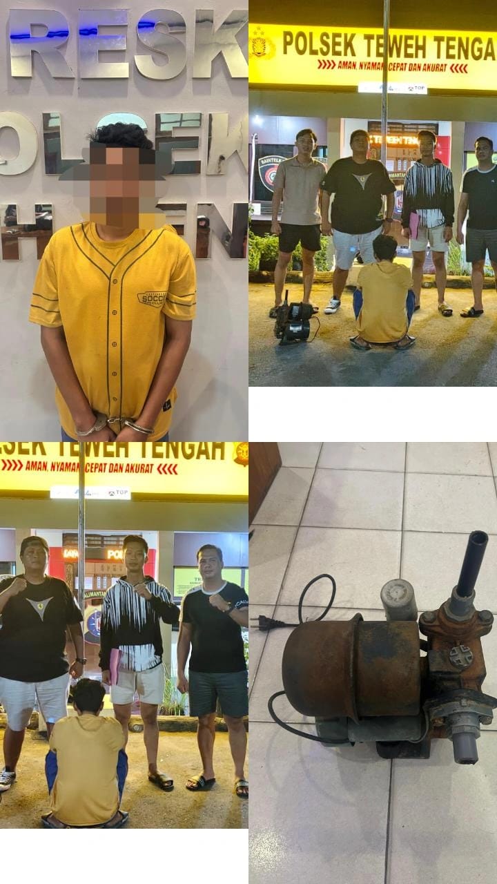 Tersangka pencurian mesin pompa air merek Shimizu milik Masjid Ainur Ridha di Sikui, Kecamatan Teweh Baru, Barito Utara, usai diamankan Unit Reskrim Polsek Teweh Tengah. Foto: Humas Polres Barut