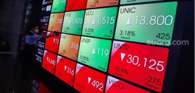 Pekerja beraktivitas dengan latar belakang layar pergerakan harga saham di Bursa Efek Indonesia, Jakarta Selatan, Senin (30/5/2022). [Suara.com/Alfian Winanto]