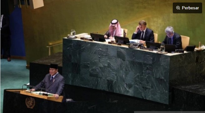 Presiden RI Prabowo Subianto berpidato dalam Konferensi Tingkat Tinggi (KTT) mengenai Palestina dan Solusi Dua Negara di Markas Perserikatan Bangsa-Bangsa (PBB), New York, Amerika Serikat, Senin (22/9/2025) sore waktu setempat. ANTARA/HO-Biro Pers Sekretariat Presiden.