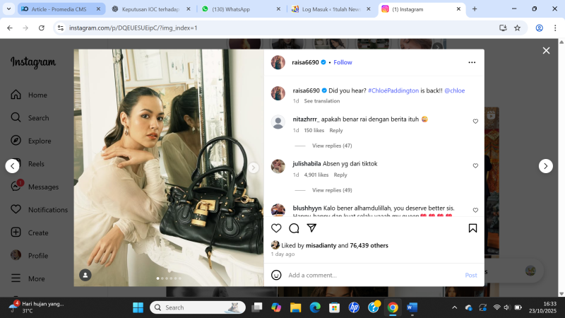 Rumah tangga pasangan selebriti Raisa Andriana dan Hamish Daud tengah menjadi sorotan publik. Instagram @raisa6690