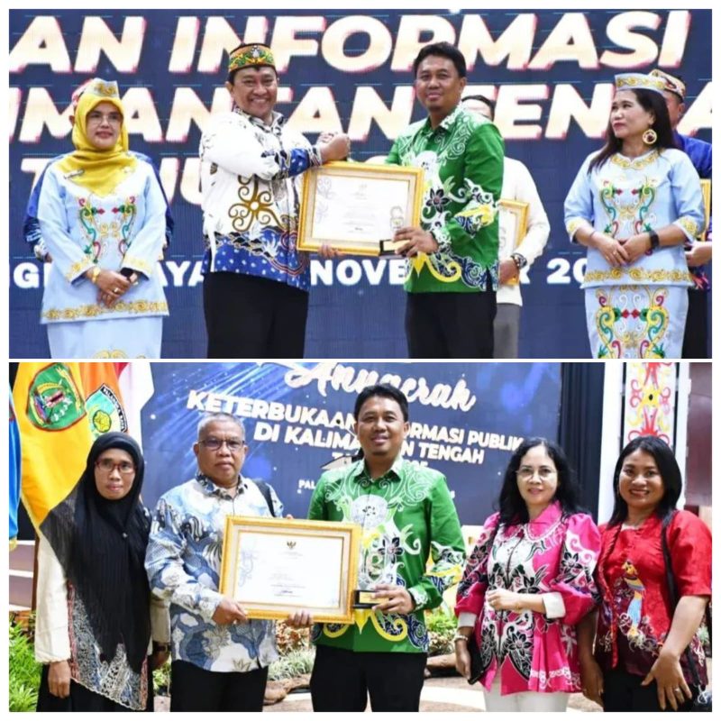 Wagub Kalteng, Edy Pratowo (kiri) saat menyerahkan piagam penghargaan PPID kategori daerah Informatif kepada Asisten II Setda Barsel, Yoga P Utomo (kanan/foto atas) & saat berfoto bersama Kepala Diskominfo SP, Markani usai menerima penghargaan pada Ajang KIP tahun 2025, di Palangka Raya, Selasa (25/11/2025) malam. Foto. Alifansyah/1tulah.com