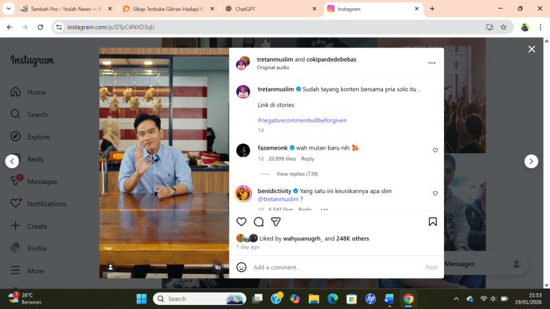 Respons Gibran soal Roasting Pandji: Kritik Boleh, Jangan Jadi Bullying. Instagram @tretanmuslim