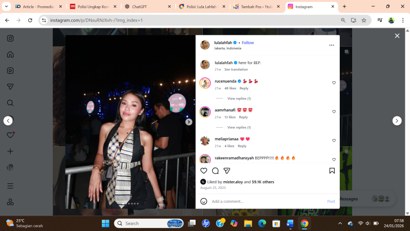 Polda Metro Jaya Konfirmasi Kematian Selebgram Lula Lahfah. Instagram @lulalahfah