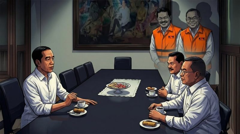 Ilustrasi mantan Presiden ke-7 RI Joko Widodo atau Jokowi saat berbincang dengan Bupati Pati Sudewo dan Wali Kota Madiun Maidi. Sudewo dan Maidi kekinian telah ditetapkan sebagai tersangka kasus korupsi oleh KPK. (Suara.com/Iqbal)