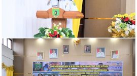 Camat Karau Kuala saat memberikan sambutan dalam Musrenbang RKPD 2027 (foto atas) dan Bupati Barsel Eddy Raya Samsuri saat memberikan pidato dalam acara Musrenbang RKPD 2027 (foto bawah), bertempat di Aula kantor Kecamatan Karau Kuala, Rabu (4/2/2026). Foto. Alifansyah/1tulah.com