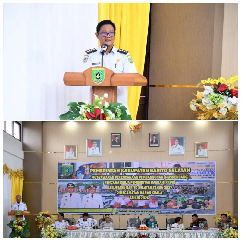 Camat Karau Kuala saat memberikan sambutan dalam Musrenbang RKPD 2027 (foto atas) dan Bupati Barsel Eddy Raya Samsuri saat memberikan pidato dalam acara Musrenbang RKPD 2027 (foto bawah), bertempat di Aula kantor Kecamatan Karau Kuala, Rabu (4/2/2026). Foto. Alifansyah/1tulah.com