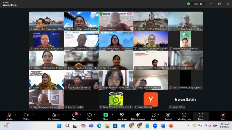 Plt. Kepala Biro Organisasi Setda Provinsi Kalimantan Tengah Betri Susilawati memimpin rapat kerja daring bersama Kepala Bagian Organisasi kabupaten/kota se-Kalimantan Tengah dalam rangka percepatan penataan kelembagaan BPBD Kalimantan Tengah. (3/3/26)