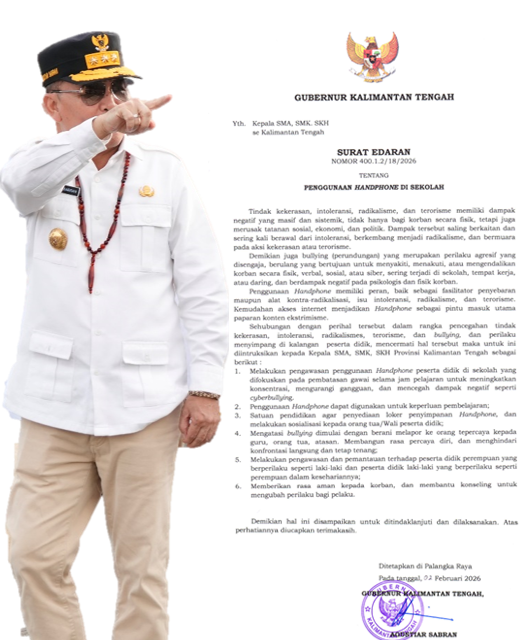 Surat Edaran Gubernur Kalteng Agustiar Sabran guna menciptakan lingkungan belajar yang lebih kondusif dan aman bagi siswa SMA, SMK, dan SKH.