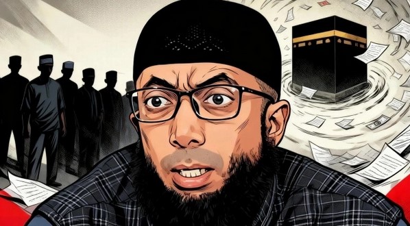 Ilustrasi Ustaz Khalid Basalamah di tengah kasus kuota haji. [Suara.com/Ema] 