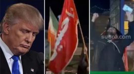 Kolase foto Presiden AS Donald Trump (kiri), warga Iran di Teheran merayakan kemenangan perang, Rabu (8/4/2026). [Suara.com] 