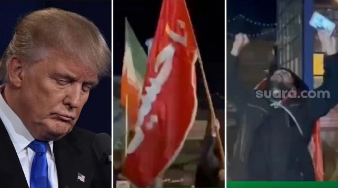 Kolase foto Presiden AS Donald Trump (kiri), warga Iran di Teheran merayakan kemenangan perang, Rabu (8/4/2026). [Suara.com] 