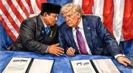 Presiden Donald Trump dan Presiden Prabowo Subianto pada 19 Februari lalu menandai babak baru atau mungkin babak paling menantang dalam hubungan dagang Indonesia-Amerika Serikat. Desain Syahda/Suara.com 