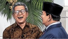 Ilustrasi Pengamat Politik Rocky Gerung tertawa lepas saat bertemu dengan Presiden Prabowo Subianto di Istana Negara, Jakarta. (Suara.com/Aldi) 