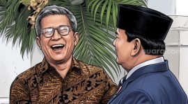 Ilustrasi Pengamat Politik Rocky Gerung tertawa lepas saat bertemu dengan Presiden Prabowo Subianto di Istana Negara, Jakarta. (Suara.com/Aldi) 