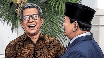 Ilustrasi Pengamat Politik Rocky Gerung tertawa lepas saat bertemu dengan Presiden Prabowo Subianto di Istana Negara, Jakarta. (Suara.com/Aldi) 