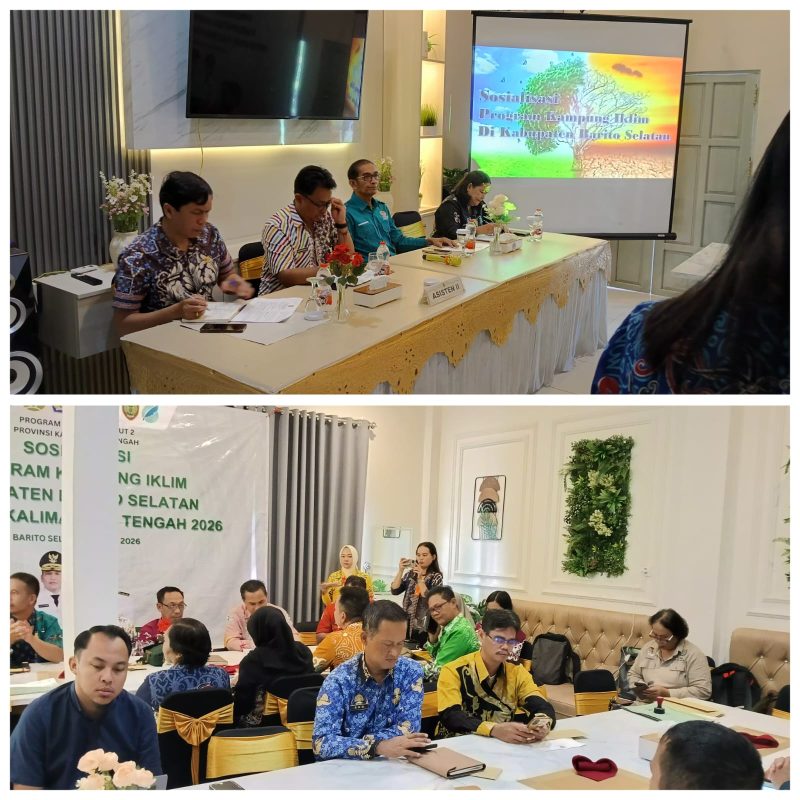 Asisten II Setda Barsel, Yoga P Utomo (tengah) didamlingi Kepala DLH, Blivson (sebelah kiri) saat memimpin acara sosialisasi Program Kampung Iklim (foto atas) bertempat di Room Meeting rumah makan Dapoer Najwa, Jalan Pelita Raya, Buntok, Kamis (9/4/2026). Foto. Alifansyah/1tulah.com