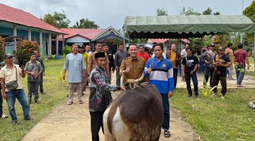 Wabup Rahmanto menyerahkan bantuan di Pondok Pesantren Nailul Authar, Desa Danau Usung, Senin (25/5/2026).
