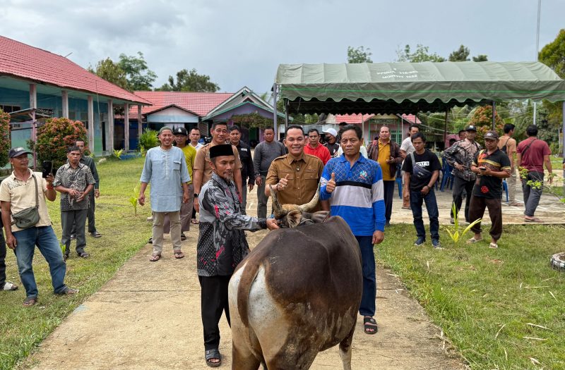 Wabup Rahmanto menyerahkan bantuan di Pondok Pesantren Nailul Authar, Desa Danau Usung, Senin (25/5/2026).