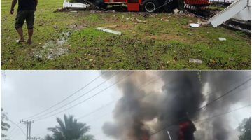 Armada Dinas Damkar dan Penyelamatan Kabupaten Barsel tabrak pagar Kantor Bupati setempat sebelum smpai kelokasi kebakaran (foto atas). Jumat (15/5/2026). Foto. Alifansyah/1tulah.com