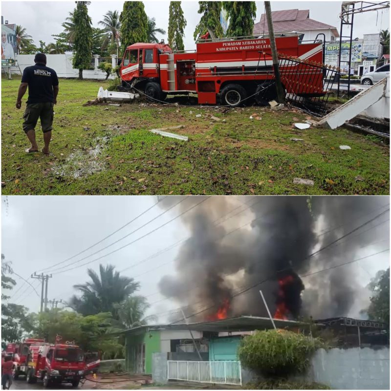 Armada Dinas Damkar dan Penyelamatan Kabupaten Barsel tabrak pagar Kantor Bupati setempat sebelum smpai kelokasi kebakaran (foto atas). Jumat (15/5/2026). Foto. Alifansyah/1tulah.com