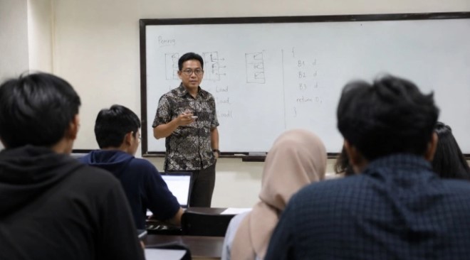 ilustrasi dosen mengajar di kelas (dibuat menggunakan AI) 