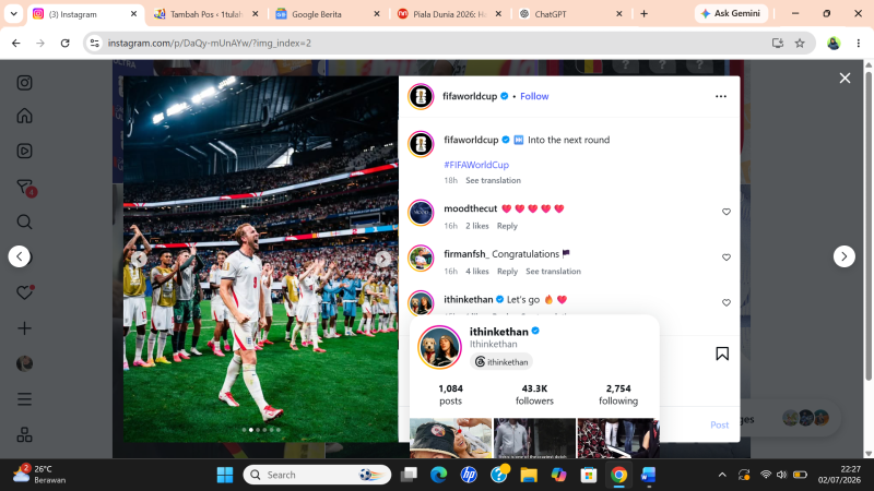 Kapten Inggris Bersinar, Harry Kane Jadi Penentu Kemenangan atas RD Kongo. Instagram @fifaworldcup