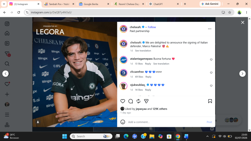 Marco Palestra Merapat ke Chelsea, Siap Tampil di Premier League 2026/27. Instagram @chelseafc
