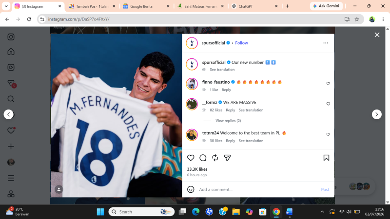 Mateus Fernandes Diklaim Teken Kontrak 5 Tahun di Tottenham. Instagram @spursofficial