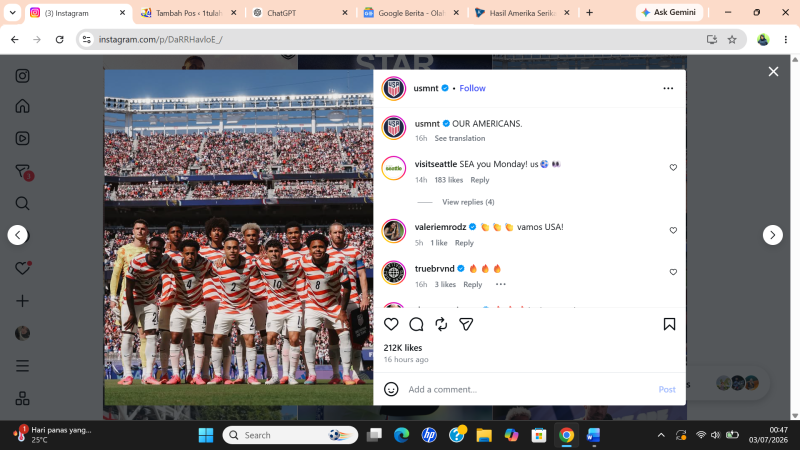 Amerika Serikat Singkirkan Bosnia-Herzegovina, Lolos ke 16 Besar Piala Dunia 2026. Instagram @usmnt